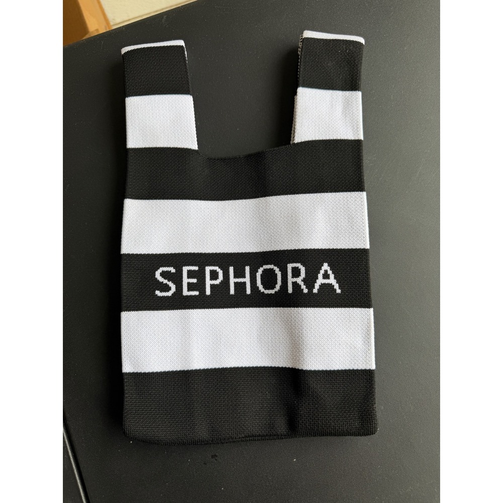 Sephora Special Edition Knit Tote Bag Black White Striped Mini Shopper Handbag